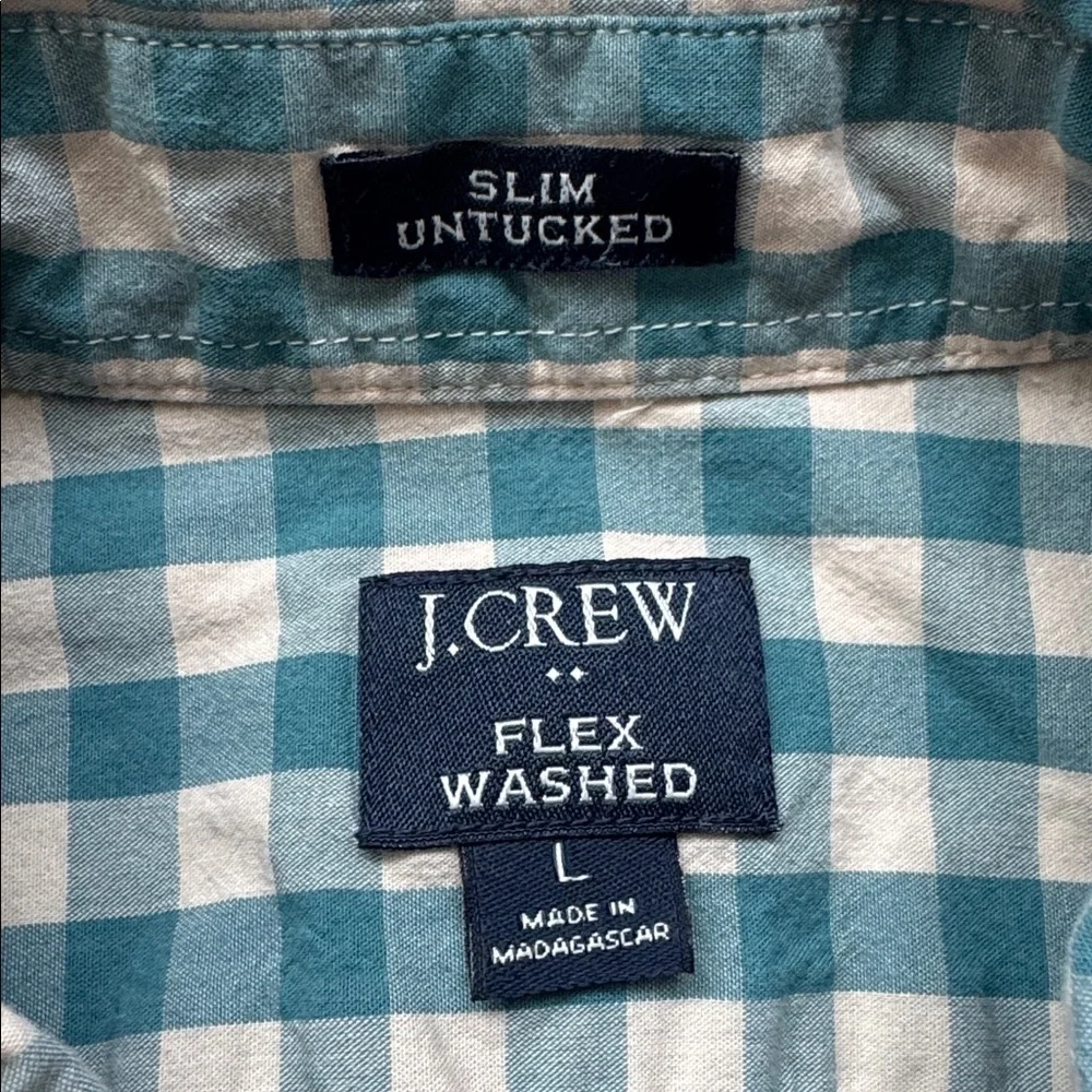 J Crew Slim Untucked Flex Washed Green Gingham Button Down Shirt Men’s Large